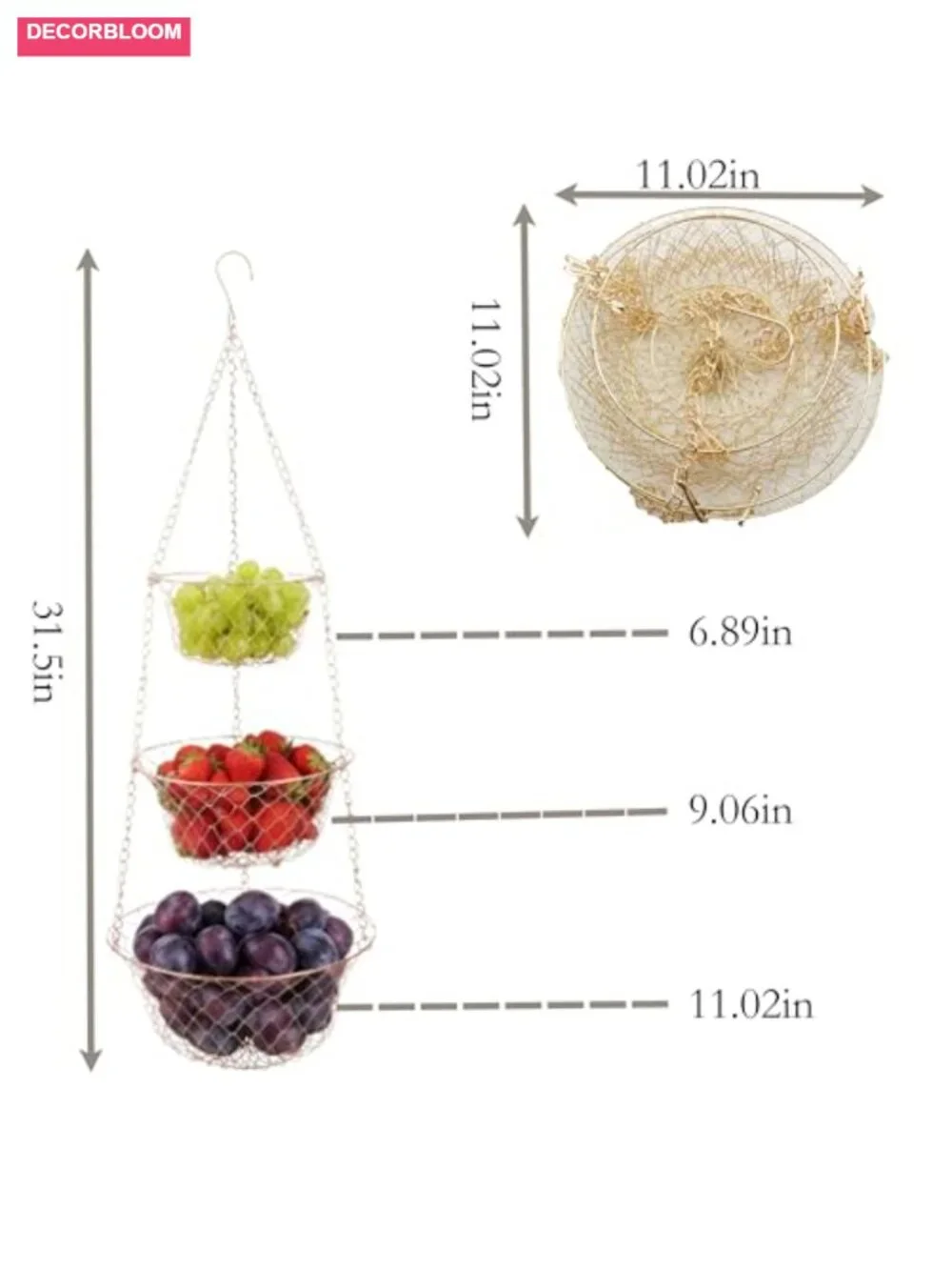 3-Tier Copper Hanging Basket Foldable Rust-Resistant Kitchen Fruit Veggie